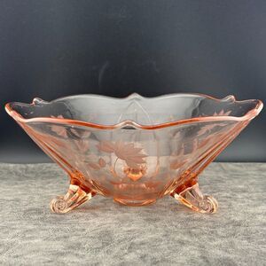 8.25 Footed Lancaster Jubilee Pink Depression Glass Floral Etched Bowl 1930s VTG